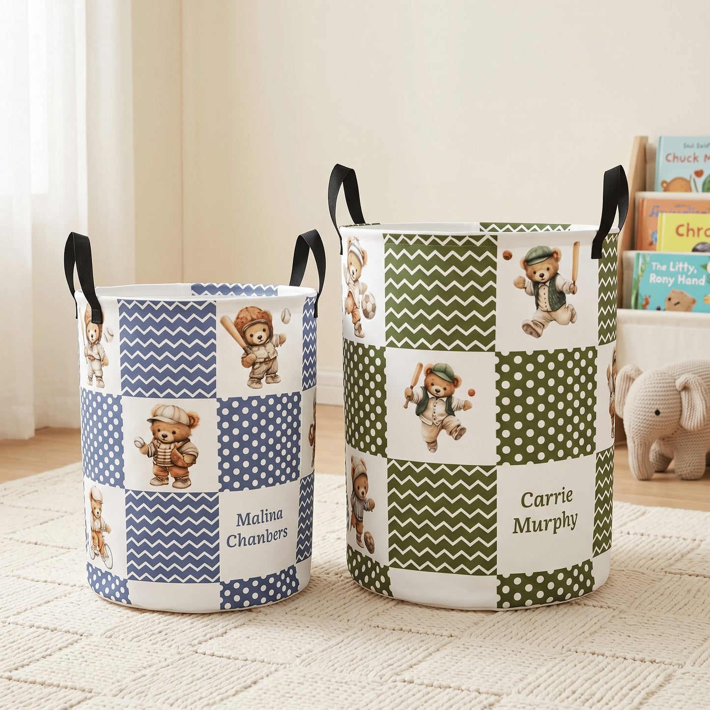Personalized Sports Teddy Bear Polka Dot Large Capacity Laundry Basket with Name and Handle Nursery Decor Birthday Gift for Kids