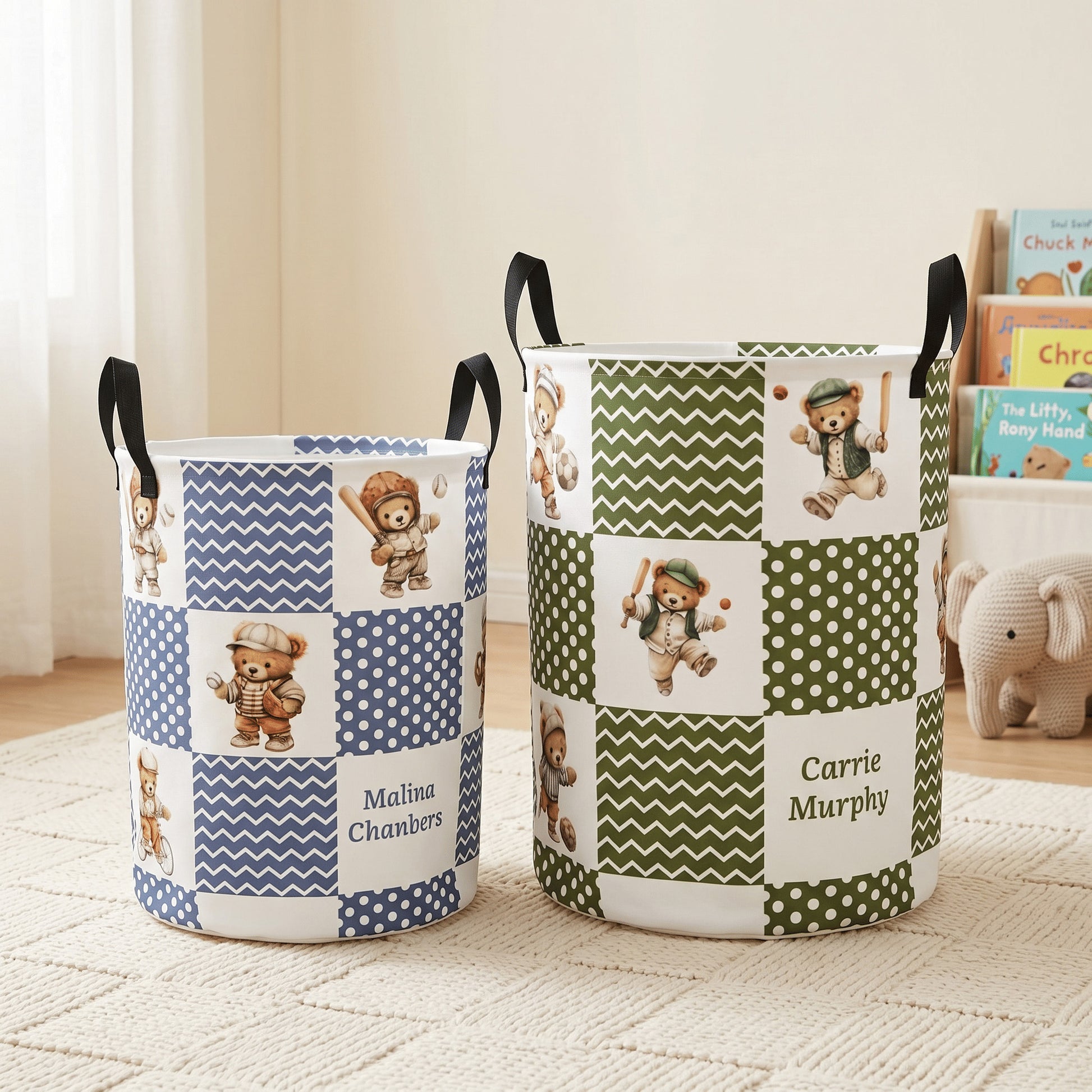 Personalized Sports Teddy Bear Polka Dot Large Capacity Laundry Basket with Name and Handle Nursery Decor Birthday Gift for Kids