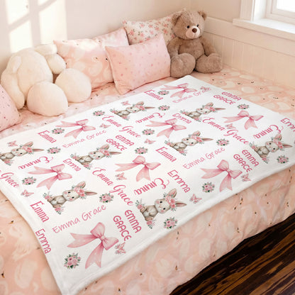 Personalized Floral Bunny Pink Bow Soft Throw Blanket with Name Bedroom Decor Baby Shower Birthday Gift for Baby Girl