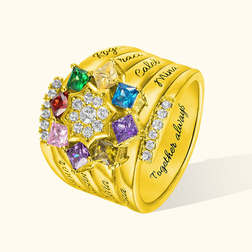 Personalized 1- 9 Square Birthstone Ring with Engraved Name Family Couple Sterling Silver Jewelry Birthday Valentine's Day Gift for Her