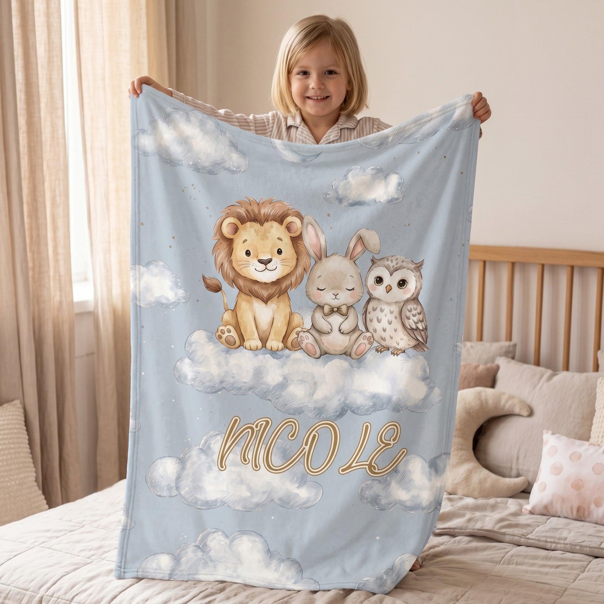 Personalized Cute Animal Cloud Skin-Friendly Soft Blanket with Name Nursery Decor Birthday Gift for Kids
