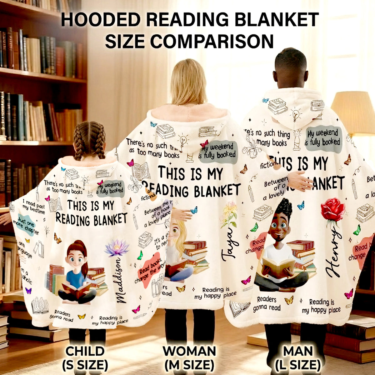 Personalized Birth Flower Cartoon Reading Girl Soft Throw Hooded Blanket with Name Birthday Gift for Librarians Book Lovers
