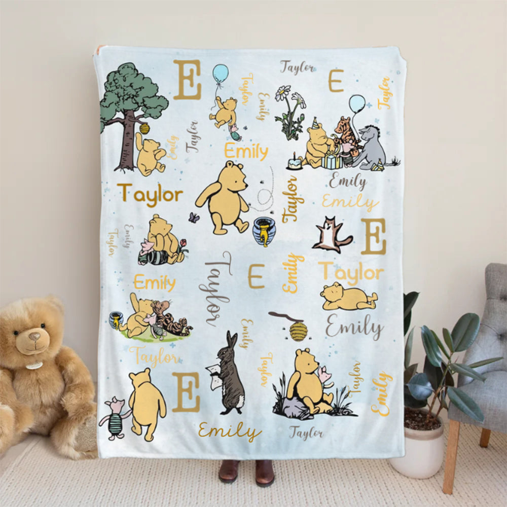 Personalized Classic Winnie the Pooh and Friends Soft Throw Blanket with Initial Name Nursery Decor Birthday Baby Shower Gift for Kids Newborns