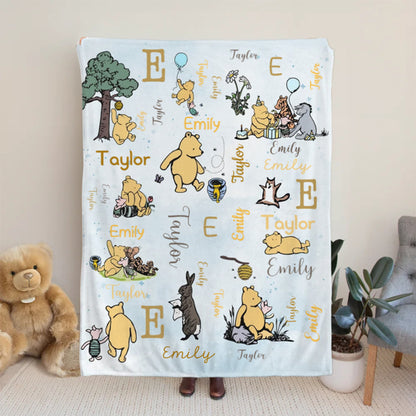 Personalized Classic Winnie the Pooh and Friends Soft Throw Blanket with Initial Name Nursery Decor Birthday Baby Shower Gift for Kids Newborns