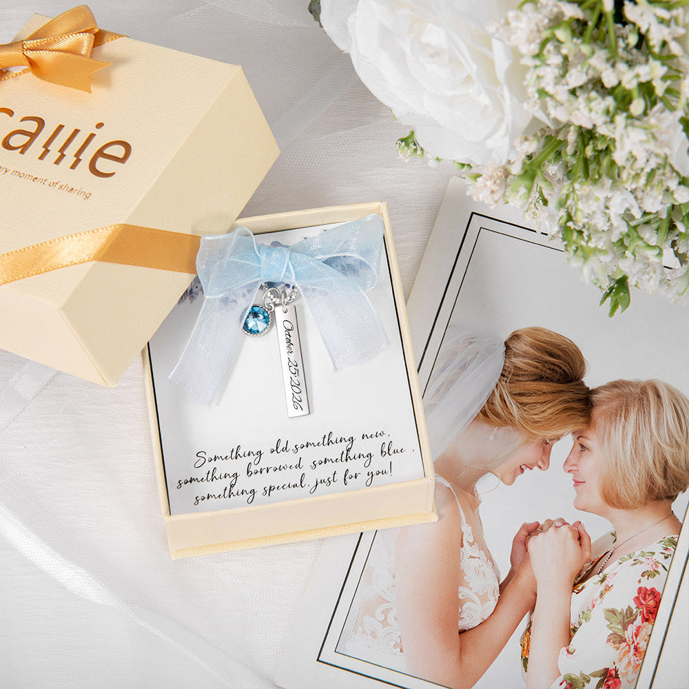 Personalized Blue Crystal Bridal Bouquet Charm with Engraved Text and Card Something Blue Wedding Gift for Bride