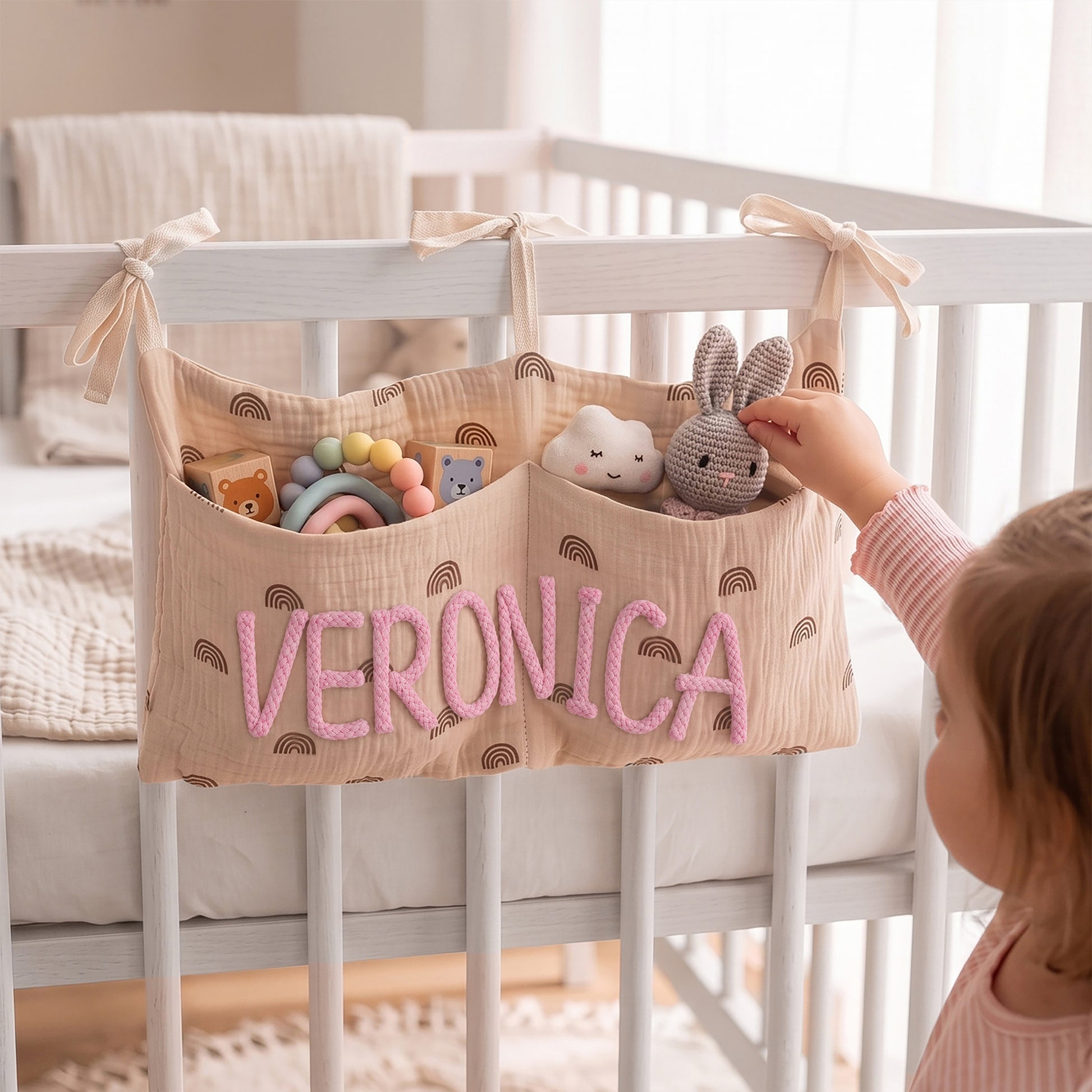 Personalized Soft Cotton Linen Hanging Storage Bag with Knit Name Car Seat Organizer & Crib Nursery Storage Decor Baby Shower Gift for Kids