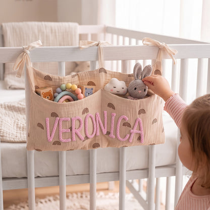 Personalized Soft Cotton Linen Hanging Storage Bag with Knit Name Car Seat Organizer & Crib Nursery Storage Decor Baby Shower Gift for Kids