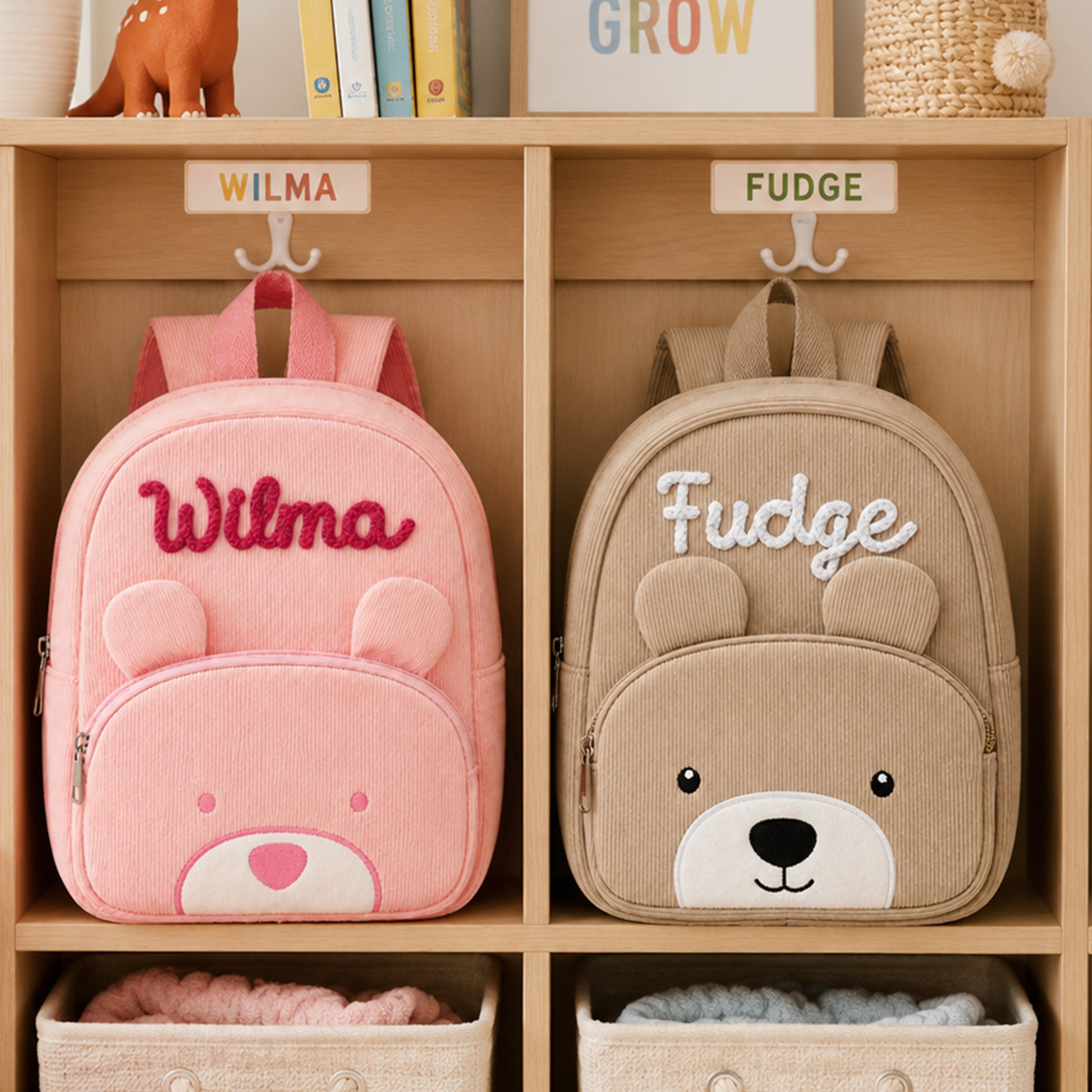 Personalized Cute Teddy Bear Corduroy Backpack with Hand Embroidered Name Children's Day Back to School Birthday Gift for Kids Students