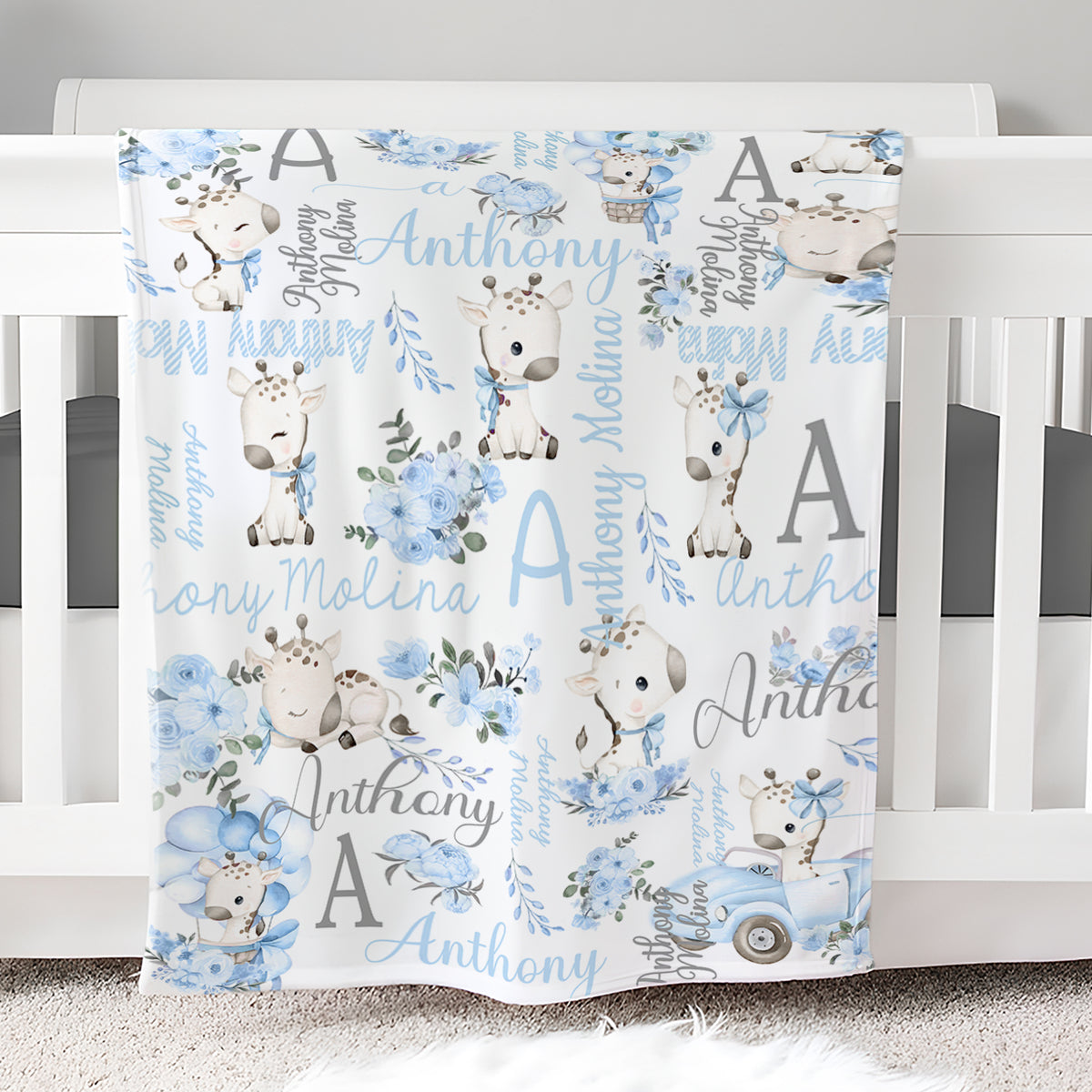 Personalized Cute Floral Giraffe Soft Throw Blanket with Initial and Name Nursery Decor Baby Shower Birthday Gift for Kids Newborn