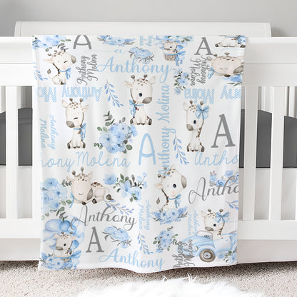 Personalized Cute Floral Giraffe Soft Throw Blanket with Initial and Name Nursery Decor Baby Shower Birthday Gift for Kids Newborn