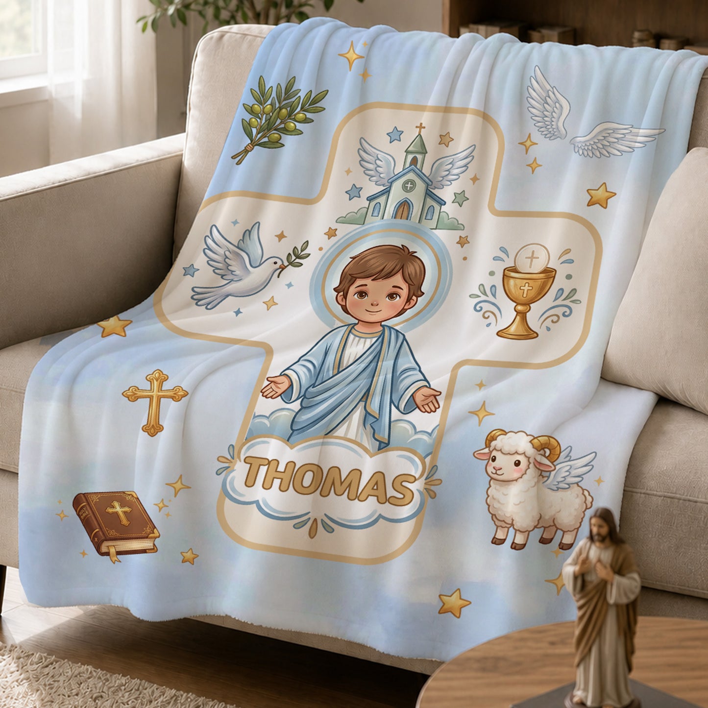 Personalized Virgin Mary & Jesus Cross Soft Warm Throw Blanket with Name Room Decor Baptism Gift for Kid Newborn