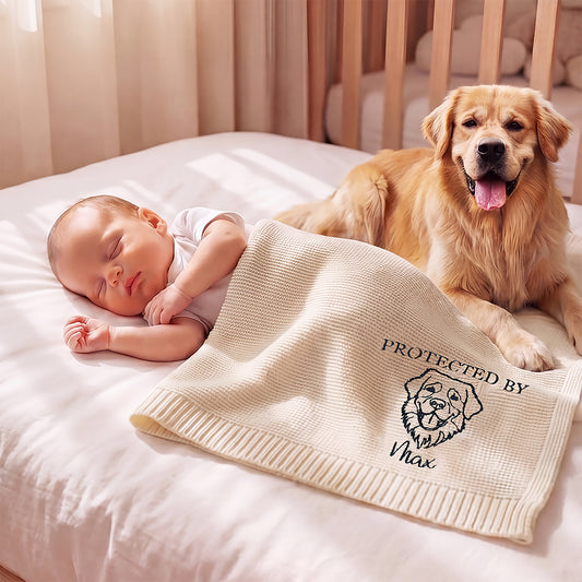 Personalized Embroidered Protected By Knitted Soft Cotton Baby Blanket with Name Baby Shower Birthday Gift for Newborns Kids