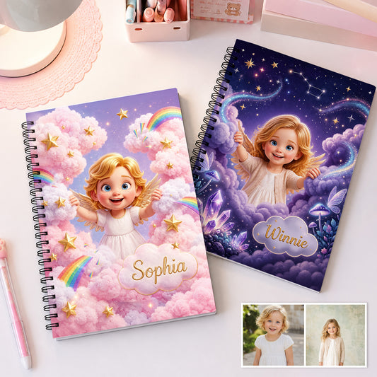 Personalized 3D-Effect Artwork Fantasy Angel Kid Photo A5 Spiral Journal Notebook with Name Daily Use Back to School Birthday Gift for Kids Students