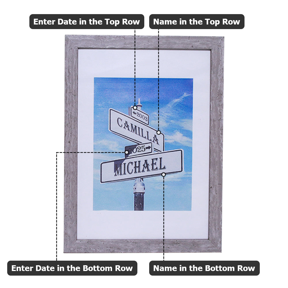 10 Year Anniversary Tin Frame Street Sign Painting with Double Names & Date