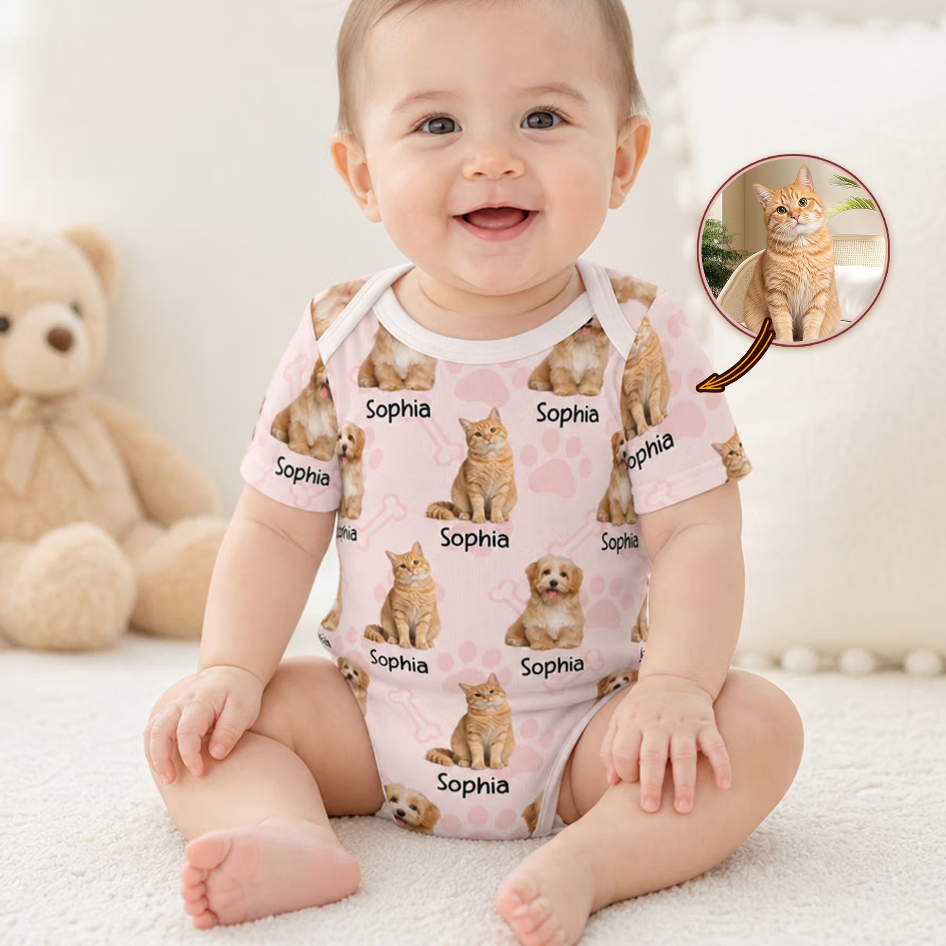 Personalized Multi-Color Heart Bone Paw Print 100% Cotton Baby Bodysuit with 1-5 Photos and Name Birthday Baby Shower Gift for Newborn