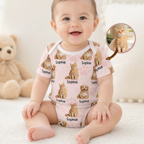 Personalized Multi-Color Heart Bone Paw Print 100% Cotton Baby Bodysuit with 1-5 Photos and Name Birthday Baby Shower Gift for Newborn