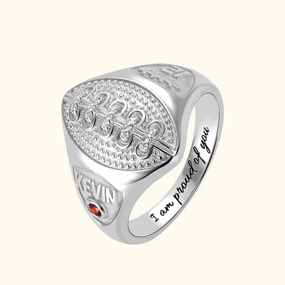 Custom Number and Name Football Ring with Birthstone| Callie