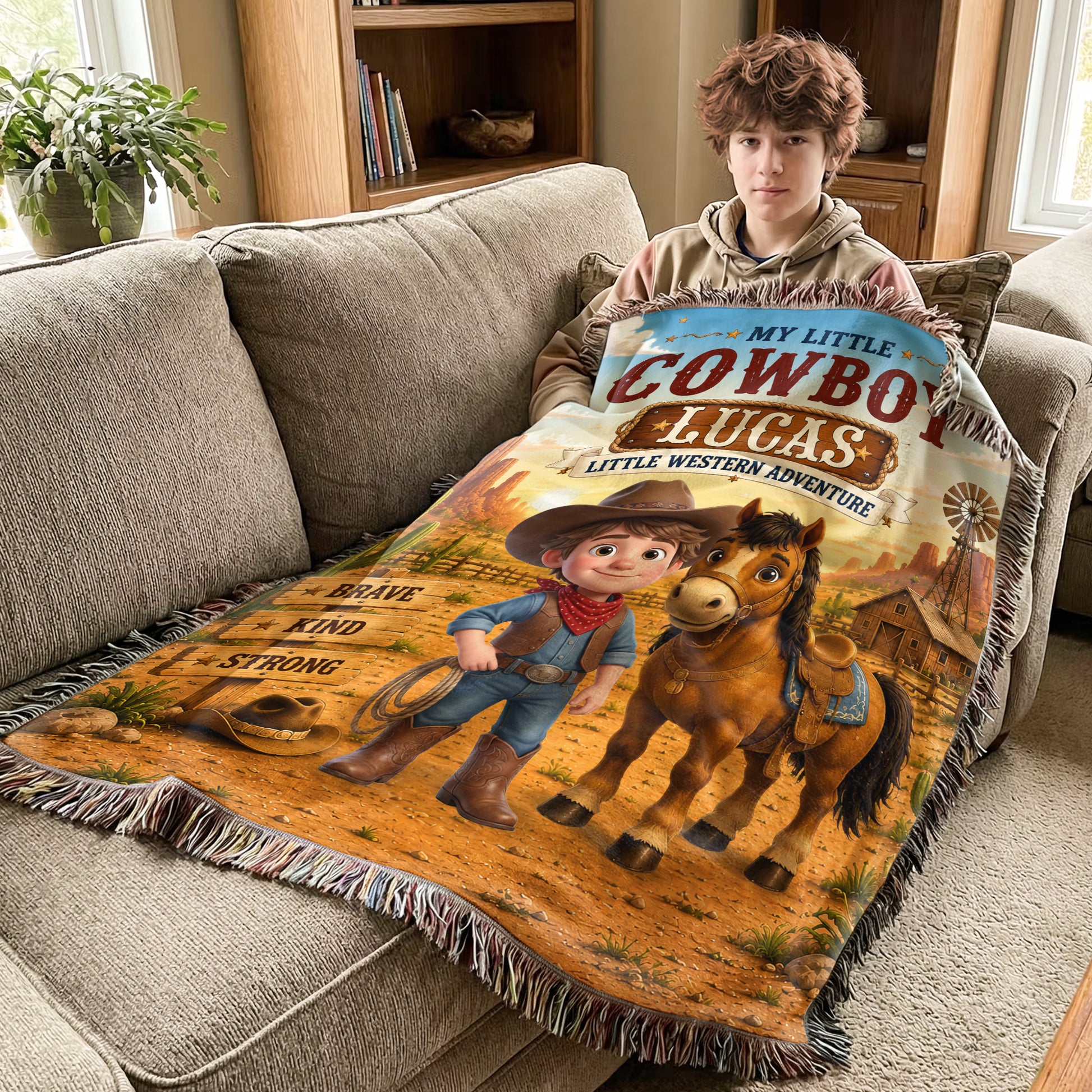 Personalized Western Cowboy Photo Horse Pattern Soft Tassel Throw Blanket with Name Home Decor Daily Use Birthday Gift for Kids