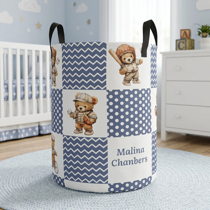 Personalized Sports Teddy Bear Polka Dot Large Capacity Laundry Basket with Name and Handle Nursery Decor Birthday Gift for Kids