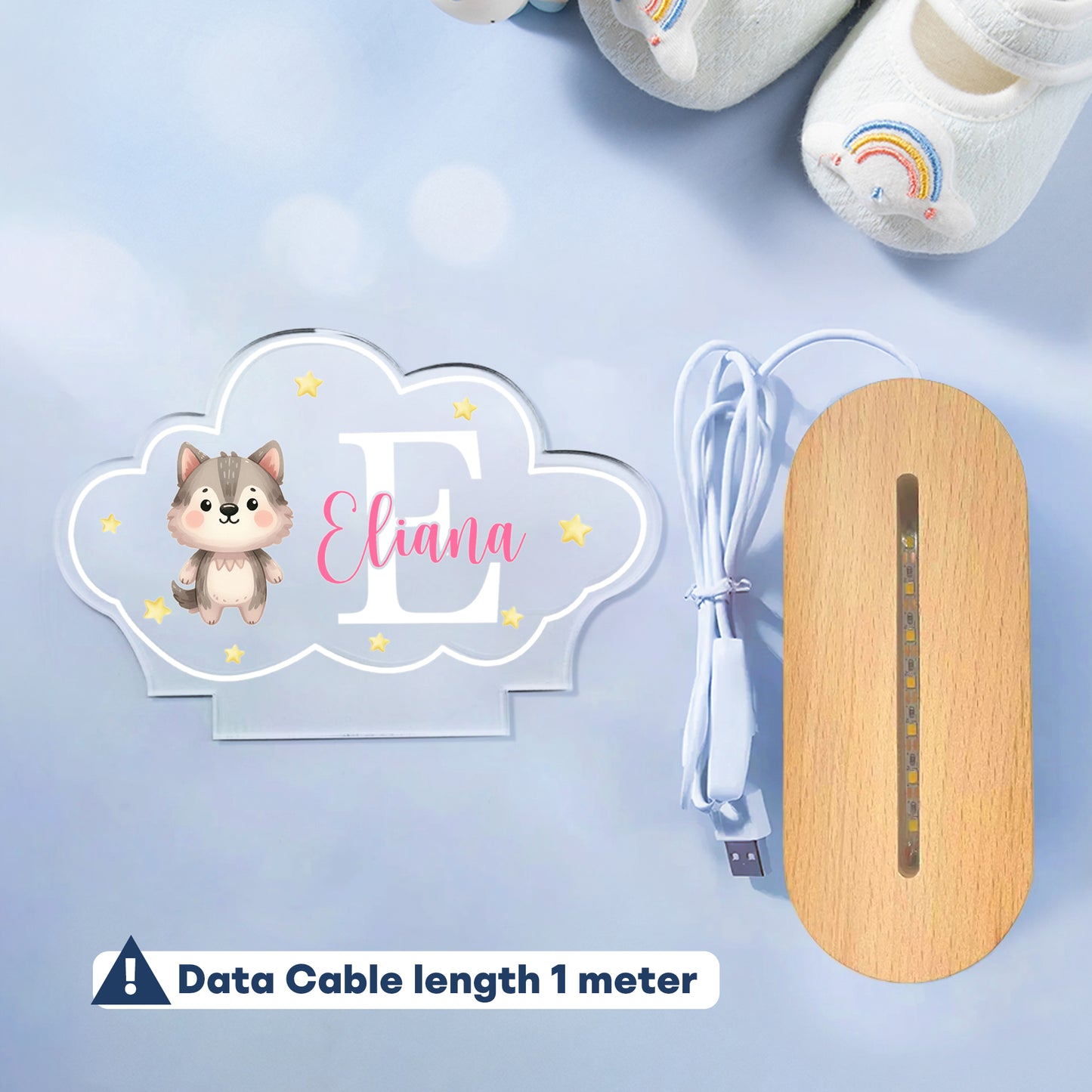 Personalized Cute Animals Star Cloud Style Acrylic LED Night Light with Name and Wooden Base Nursery Decor Birthday Anniversary Gift for Kid Newborn