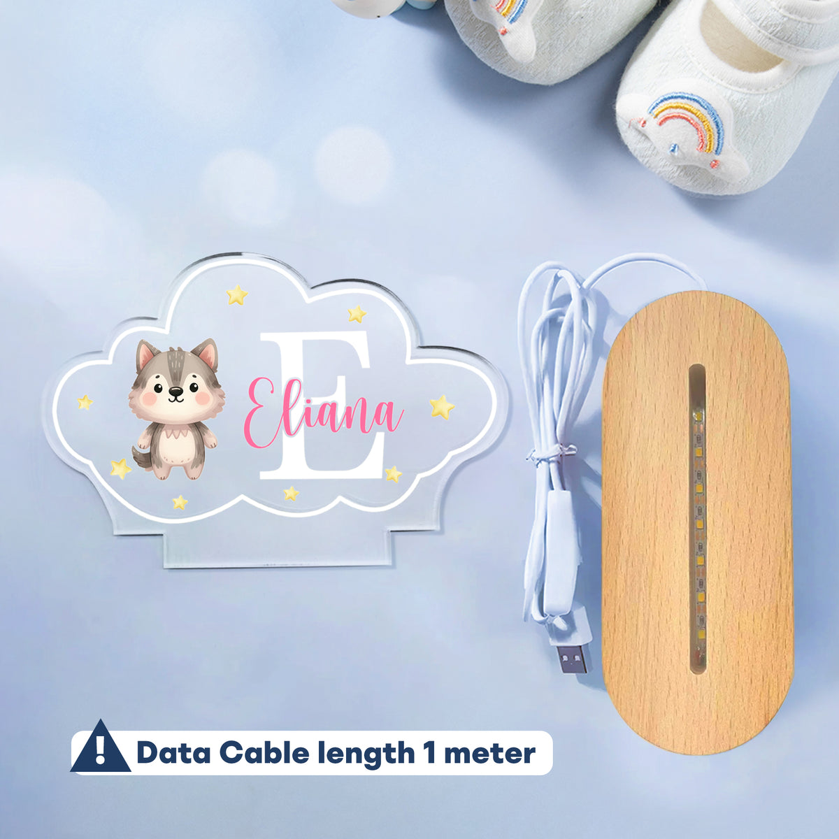 Personalized Cute Animals Star Cloud Style Acrylic LED Night Light with Name and Wooden Base Nursery Decor Birthday Anniversary Gift for Kid Newborn