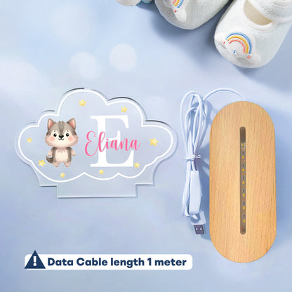 Personalized Cute Animals Star Cloud Style Acrylic LED Night Light with Name and Wooden Base Nursery Decor Birthday Anniversary Gift for Kid Newborn
