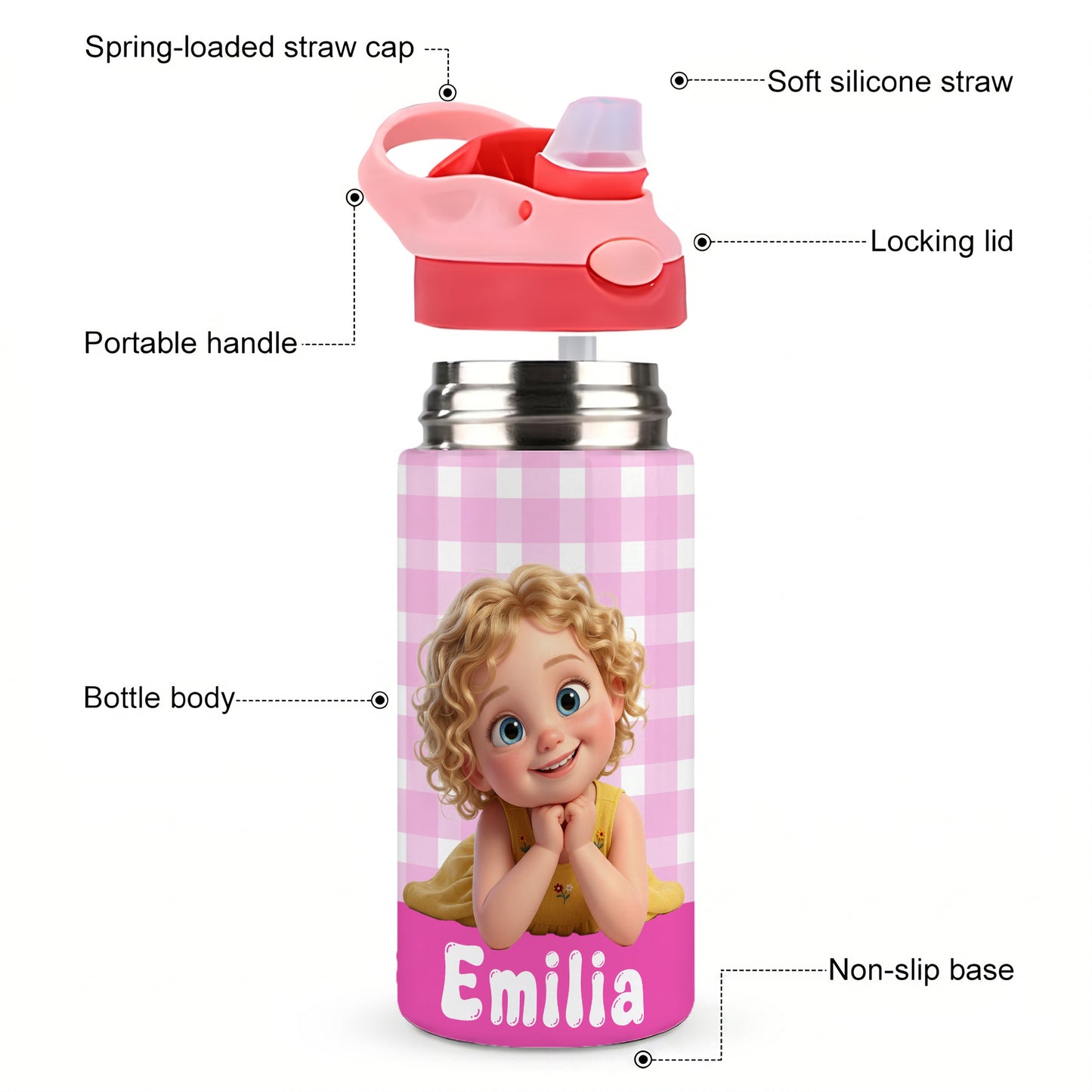 Personalized Cartoon Character Photo Water Bottle with Name and Silicone Straw Outdoor Activities Birthday Back to School Gift for Students Kids