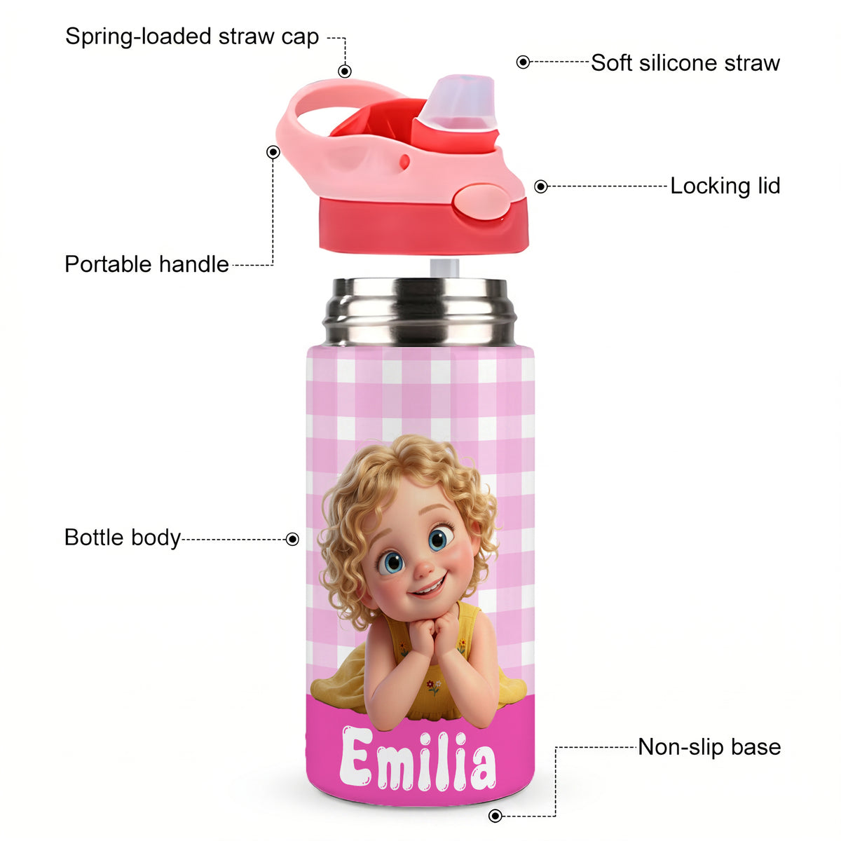 Personalized Cartoon Character Photo Water Bottle with Name and Silicone Straw Outdoor Activities Birthday Back to School Gift for Students Kids