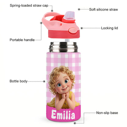 Personalized Cartoon Character Photo Water Bottle with Name and Silicone Straw Outdoor Activities Birthday Back to School Gift for Students Kids