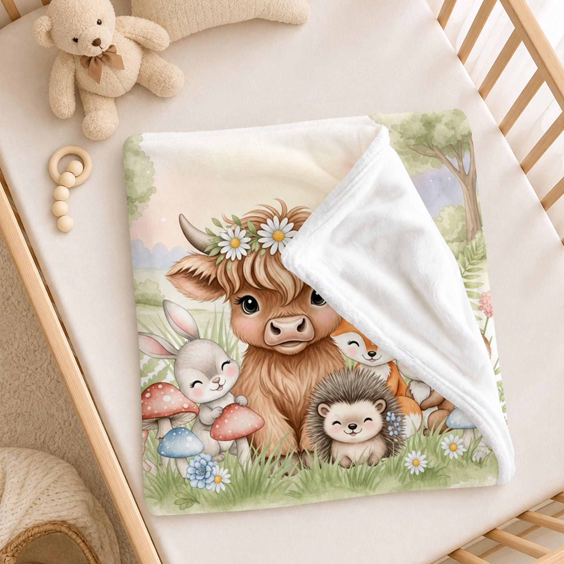 Personalized Forest Friends Highland Cow Rabbit Foxes Soft Throw Blanket with Name Nursery Decor Baby Shower Gift for Newborn