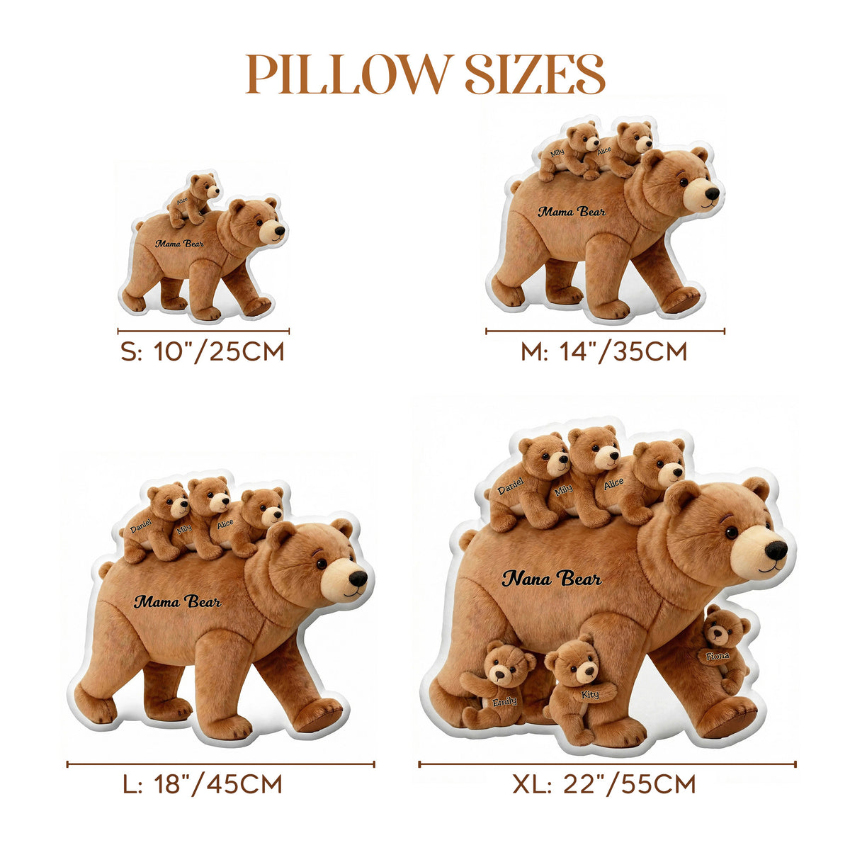Personalized Mommy Bear Baby Cubs Shaped Throw Pillow with 1-6 Name Mother's Day Birthday Gift for Mom Grandma