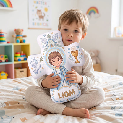 Personalized the Virgin and Child Christian Cross Shaped Soft Throw Pillow with Name Home Decor Birthday Gift for Kids