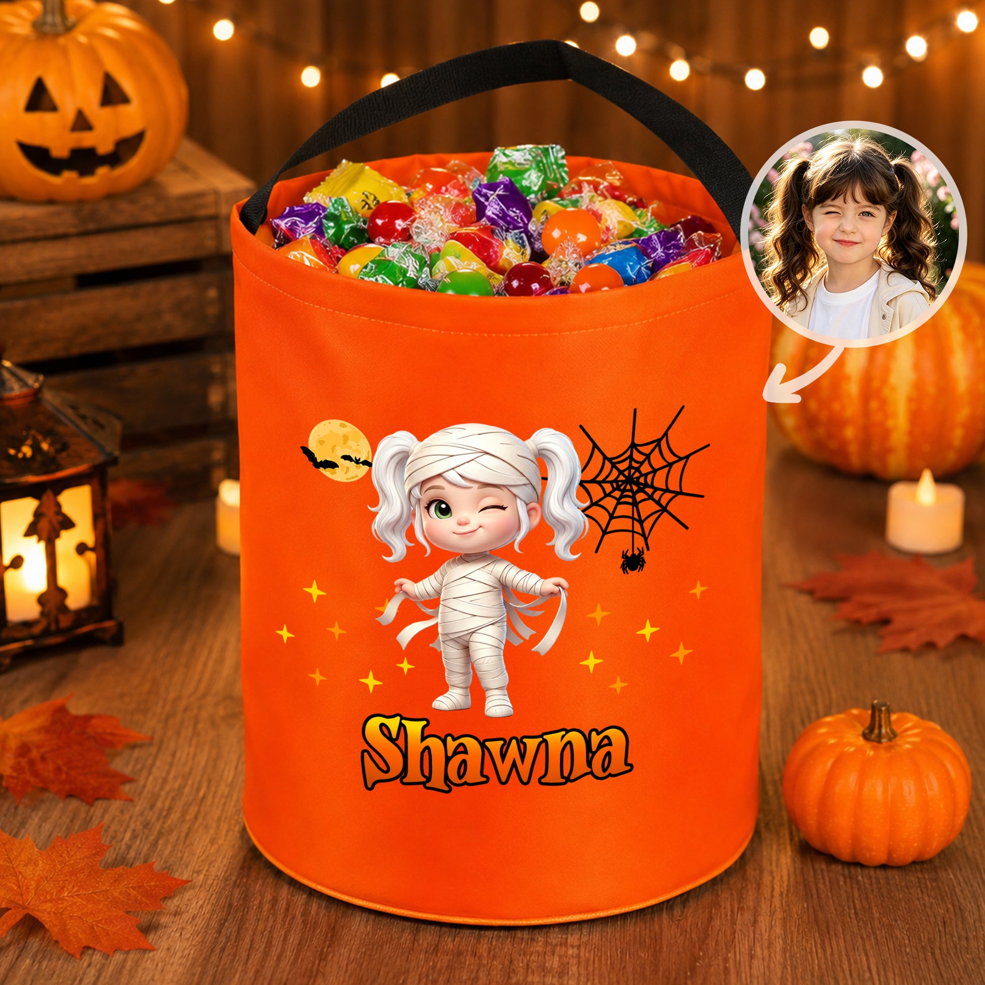 Personalized Halloween Theme Photo Star Design LED Light Bucket Bag with Name Trick or Treat Activity Halloween Gift for Kids