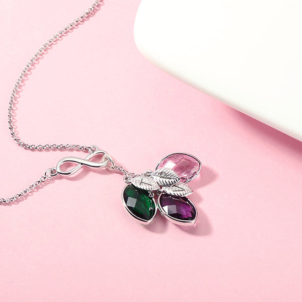 Mom Necklace with Kid's Initials & Leaves Birthstones