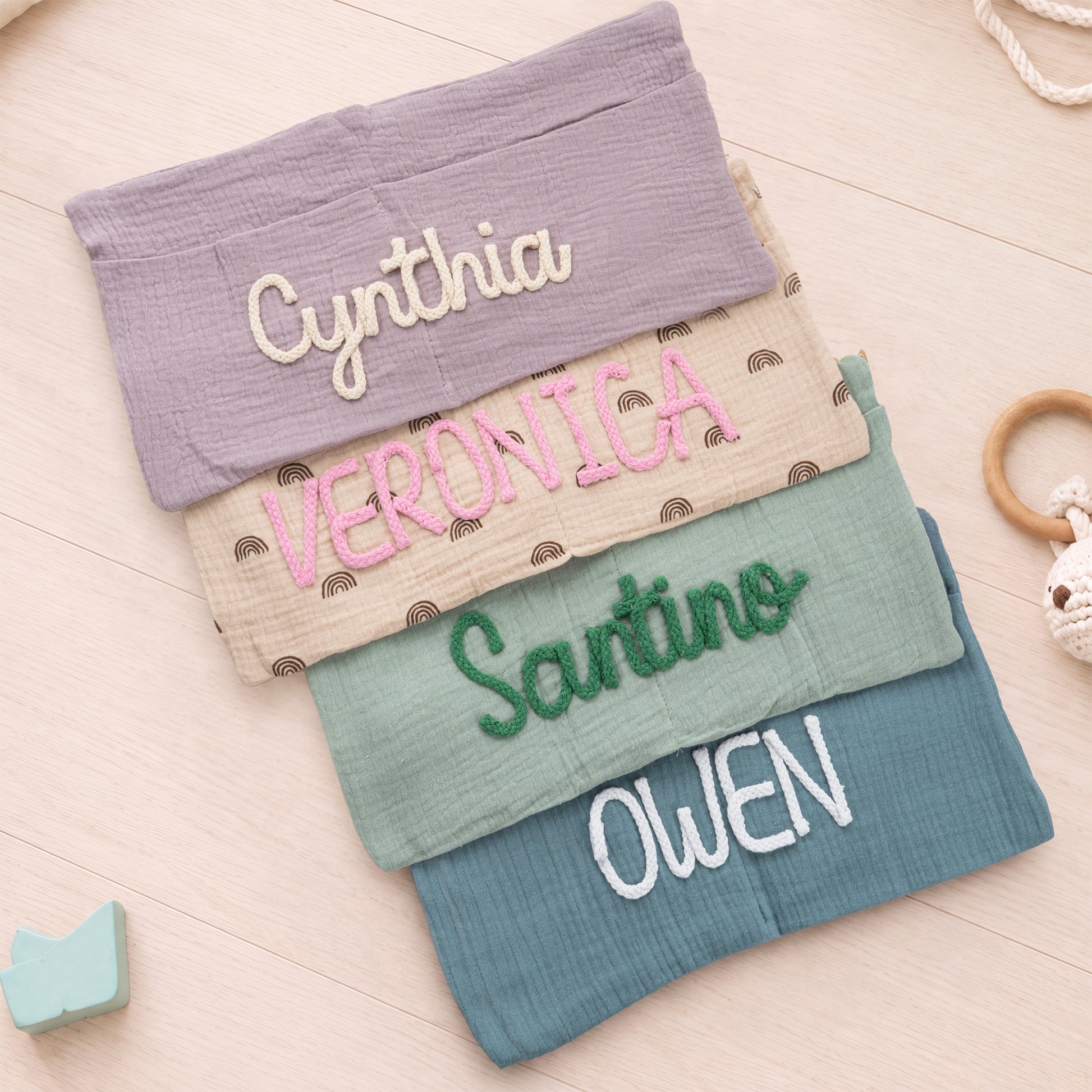 Personalized Soft Cotton Linen Hanging Storage Bag with Knit Name Car Seat Organizer & Crib Nursery Storage Decor Baby Shower Gift for Kids