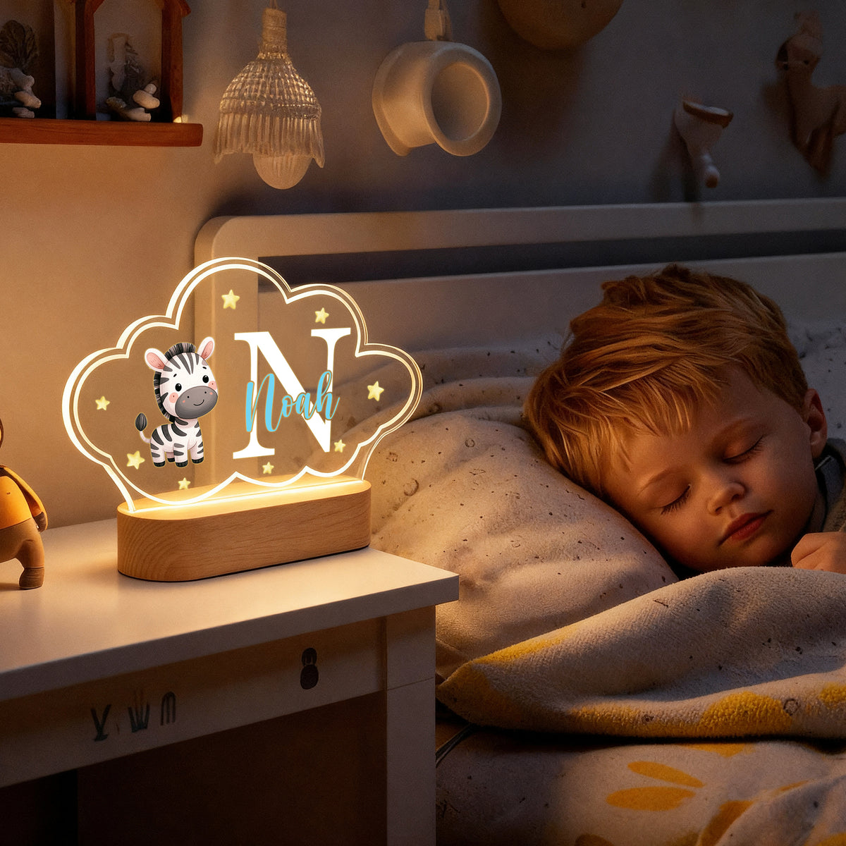 Personalized Cute Animals Star Cloud Style Acrylic LED Night Light with Name and Wooden Base Nursery Decor Birthday Anniversary Gift for Kid Newborn