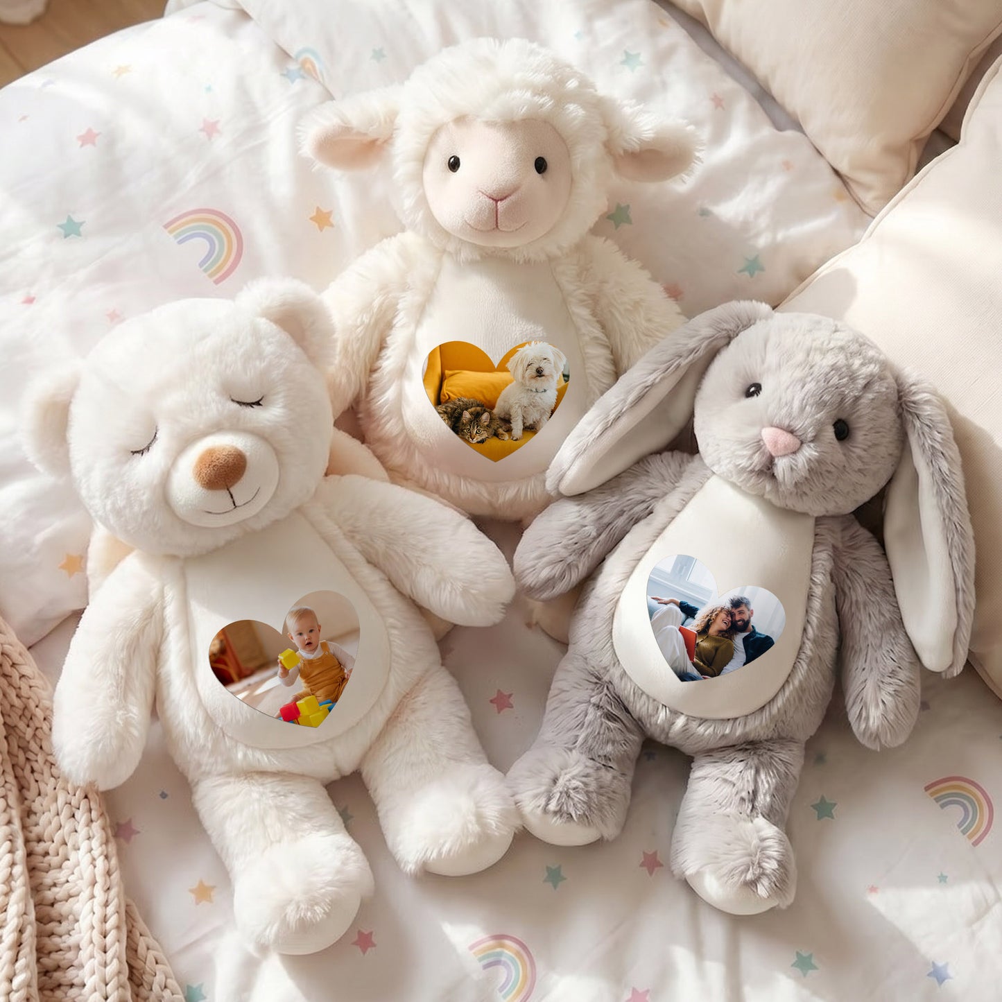 Personalized Cute Cartoon Bunny Bear Plush Toy with Heart Photo Daily Use Birthday Gift for Couple Kids
