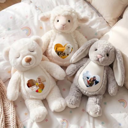 Personalized Cute Cartoon Bunny Bear Plush Toy with Heart Photo Daily Use Birthday Gift for Couple Kids