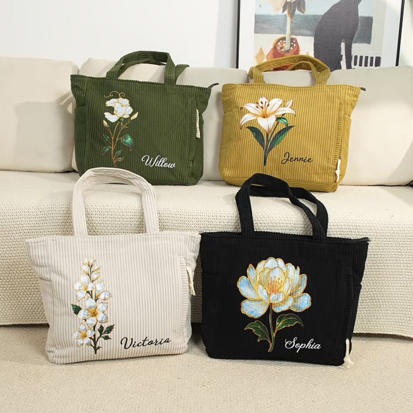 Personalized Birth Flower Large Capacity Corduroy Tote Bag with Name Daily Use Commuting Travel Birthday Gift for Women Office Workers