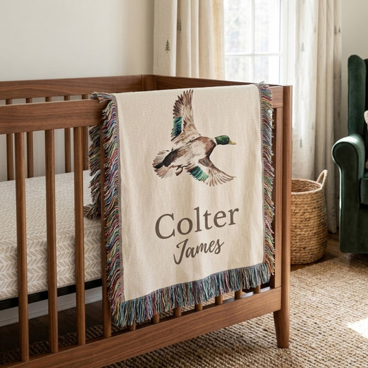 Personalized Mallard Duck Pattern Striped Tassel Woven Throw Blanket with Name Nursery Decor Birthday Baby Shower Gift for Newborn New Parents