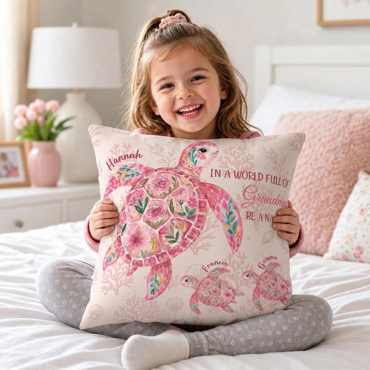 Personalized Sea Turtle Pattern Soft Throw Pillow Cover with Name Home Decor Anniversary Birthday Gift for Girl Woman Grandma