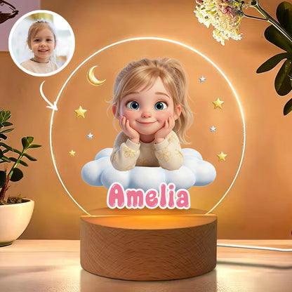 Personalized Cute Cartoon Photo Acrylic LED Night Light with Name and Wooden Base Bedroom Bedside Decor Birthday Gift for Kids New Parents