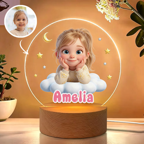 Personalized Cute Cartoon Photo Acrylic LED Night Light with Name and Wooden Base Bedroom Bedside Decor Birthday Gift for Kids New Parents
