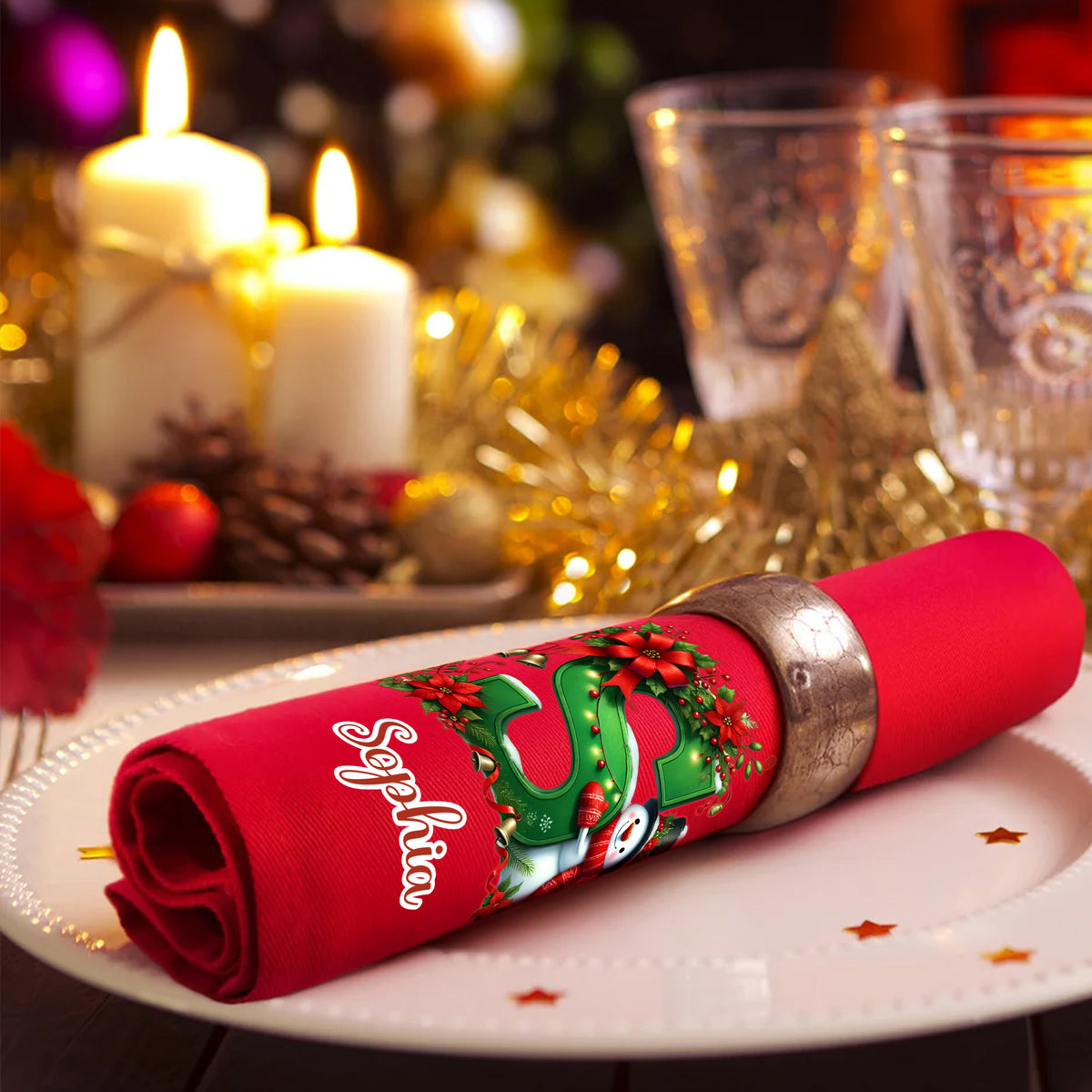Personalized 100% Cotton Christmas Snowman Initial Reusable Table Napkin with Name Table Decor Christmas Gift for Family