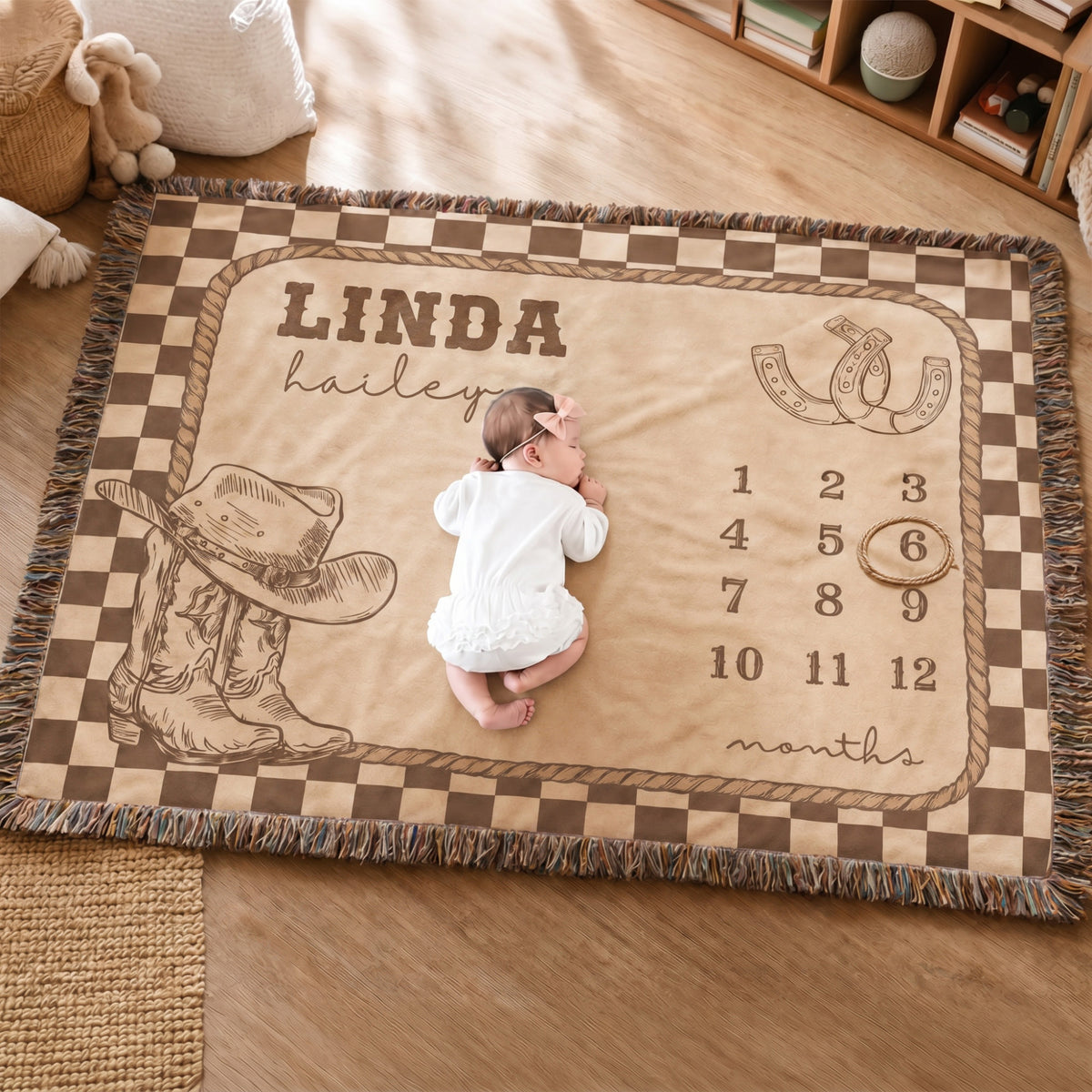 Personalized Western Cowboy Boots and Hat Plaid Month Soft Throw Baby Blanket with Name and Tassels Nursery Decor Birthday Gift for Baby Newborn