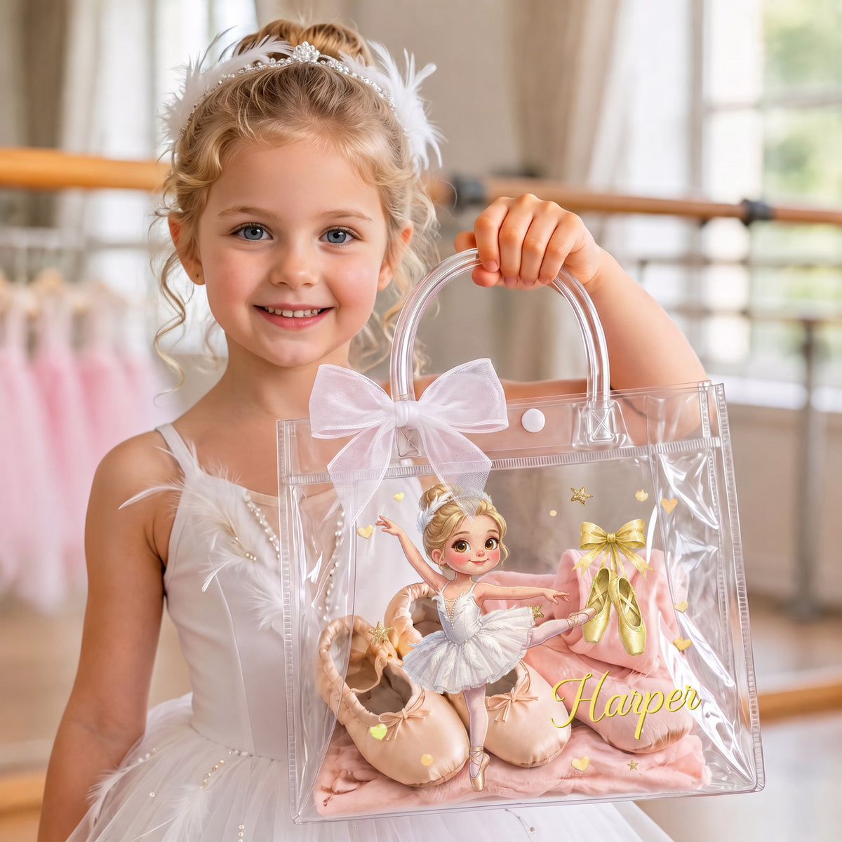 Personalized Cartoon Ballet Girl Photo Design Transparent Bag with Name and Ribbon Daily Use Dance Class Birthday Gift for Ballet Lovers Girls