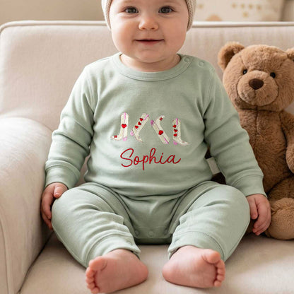 Personalized Cute Dog Bear Cowboy Boots 100% Cotton Baby Romper with Name Baby Shower Valentine's Day Gift for Newborn Mom