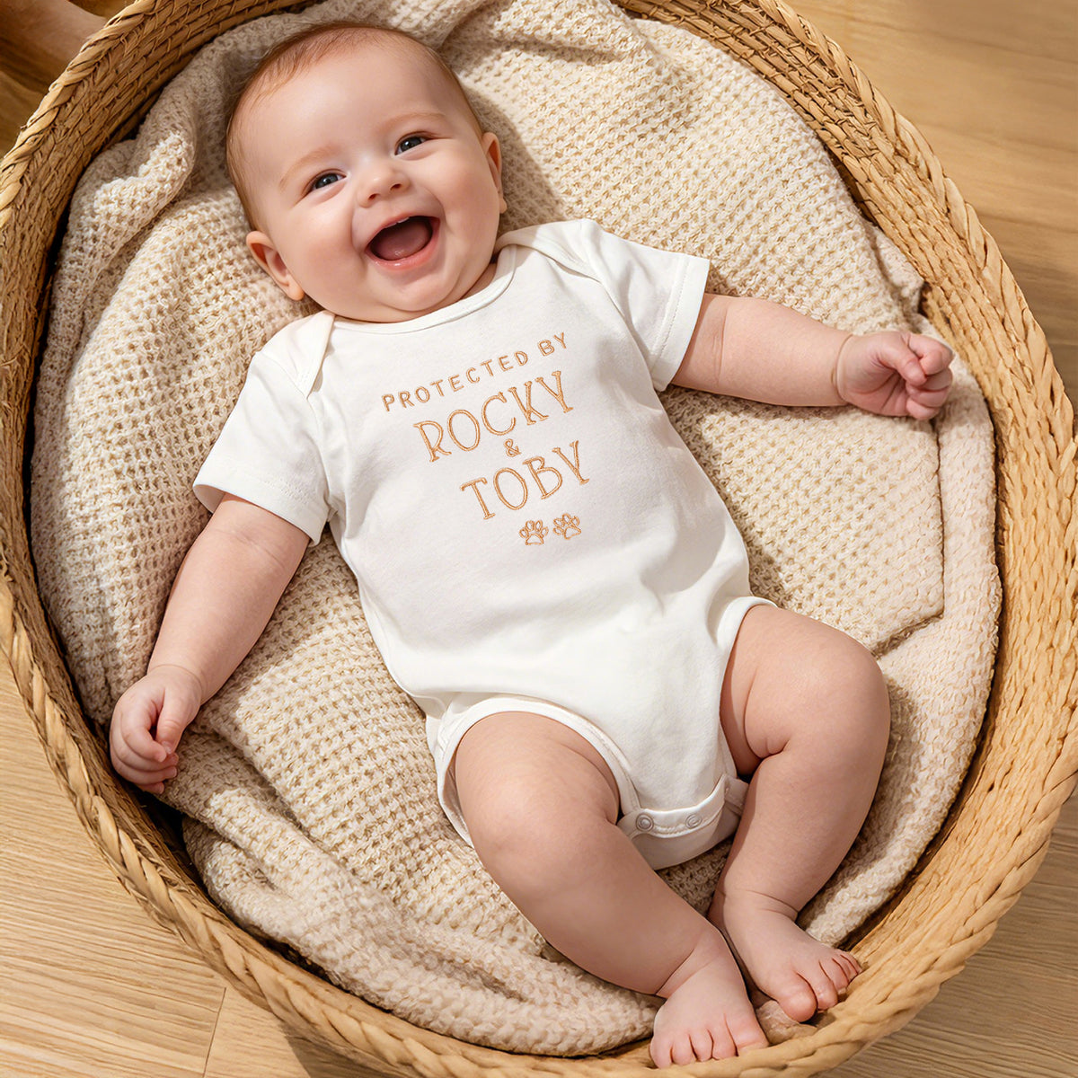 Personalized 100% Cotton Embroidered Protected By Pet Baby Bodysuit with Text and Paw Print Baby Shower Birthday Gift for Newborn Baby