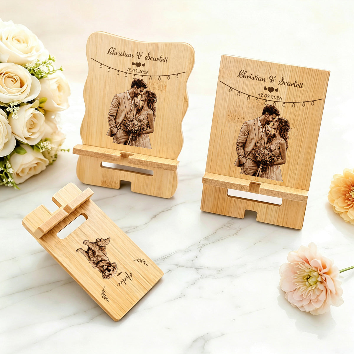 Personalized Sketch Style Photo Phone Holder with Name and Date Desk Decor Birthday Anniversary Wedding Gift for Family Friends Newlyweds
