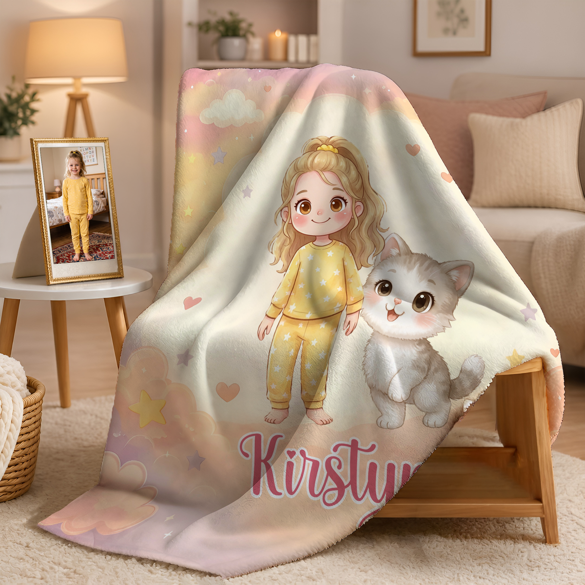 Personalized Fantasy Cartoon Kid Photo Pet Companion Soft Throw Blanket with Name Home Decor Baby Shower Birthday Gift for New Parents Kids